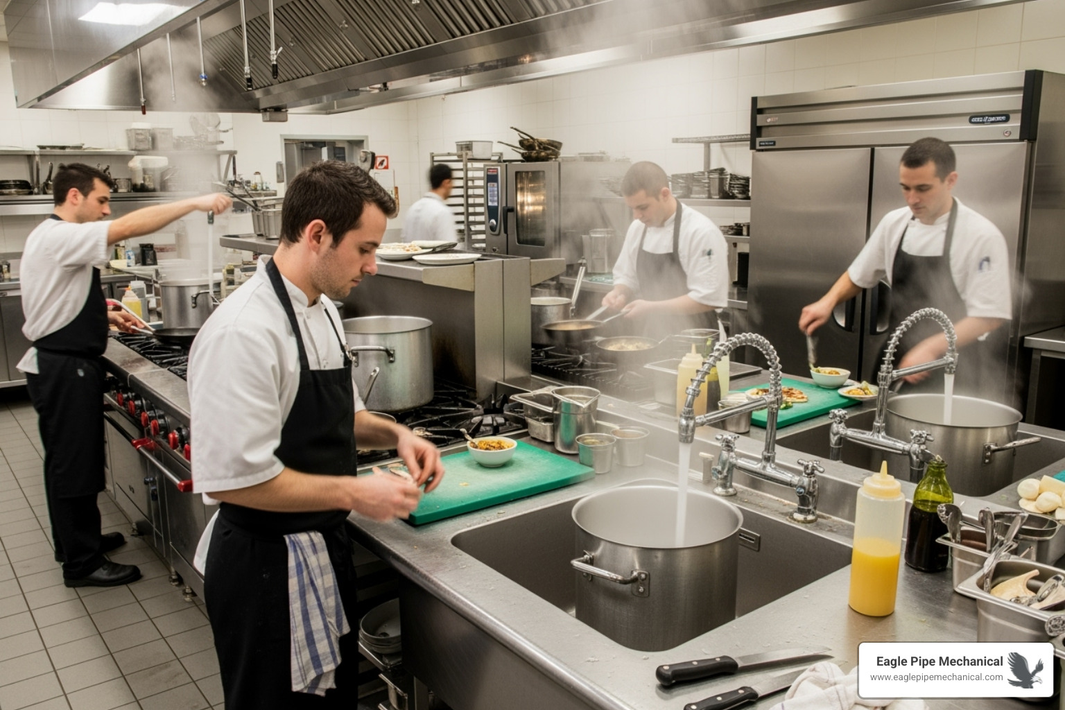 a bustling commercial kitchen with multiple chefs and hot water taps actively in use, highlighting the high demand for hot water - on demand water heater
