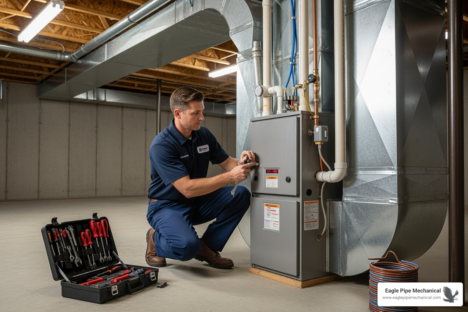 A clean, professional HVAC technician carefully installing a new furnace in a residential basement - Furnace installation Bremerton WA