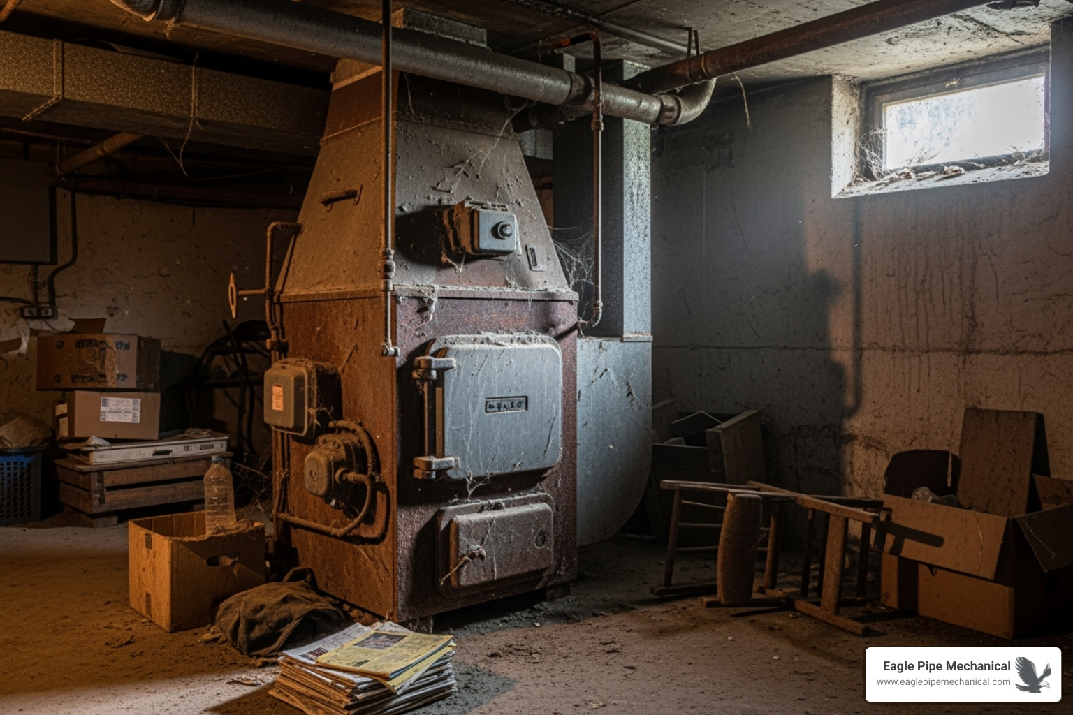 An old, dusty, and rusty furnace in a dimly lit basement - Furnace installation Bremerton WA