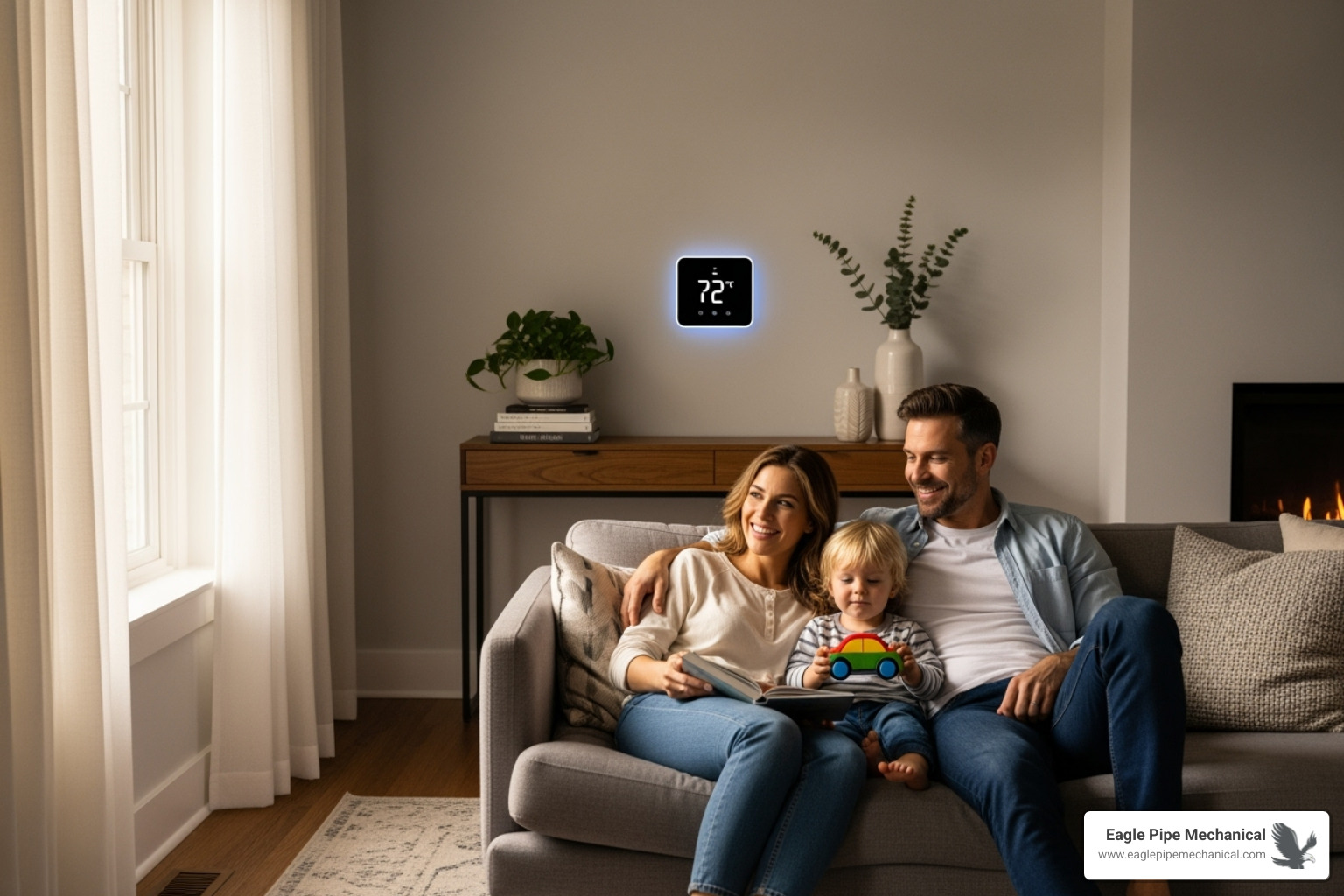 A happy family enjoying their warm home, with a modern digital thermostat clearly visible on the wall, indicating a comfortable indoor temperature - Furnace installation Bremerton WA