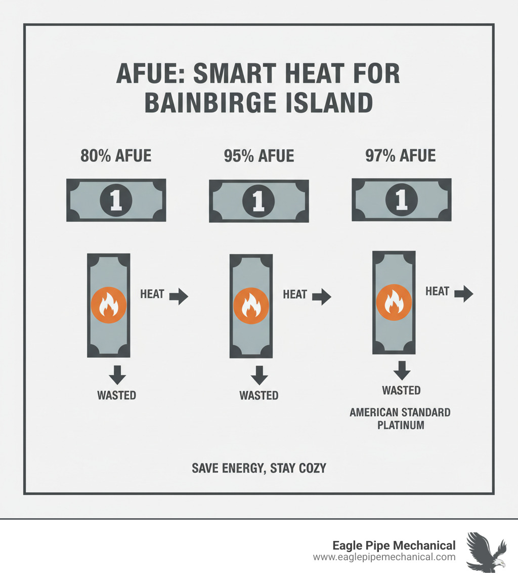 Infographic explaining what an AFUE (Annual Fuel Utilization Efficiency) rating means for a furnace: 80% AFUE means 80 cents of every dollar spent on fuel becomes heat, 20 cents wasted; 95% AFUE means 95 cents becomes heat, only 5 cents wasted; 97% AFUE (American Standard Platinum) means 97 cents becomes heat, only 3 cents wasted, with dollar bill graphics and flame icons illustrating heat conversion for Bainbridge Island homeowners - american standard furnace bainbridge island wa infographic 