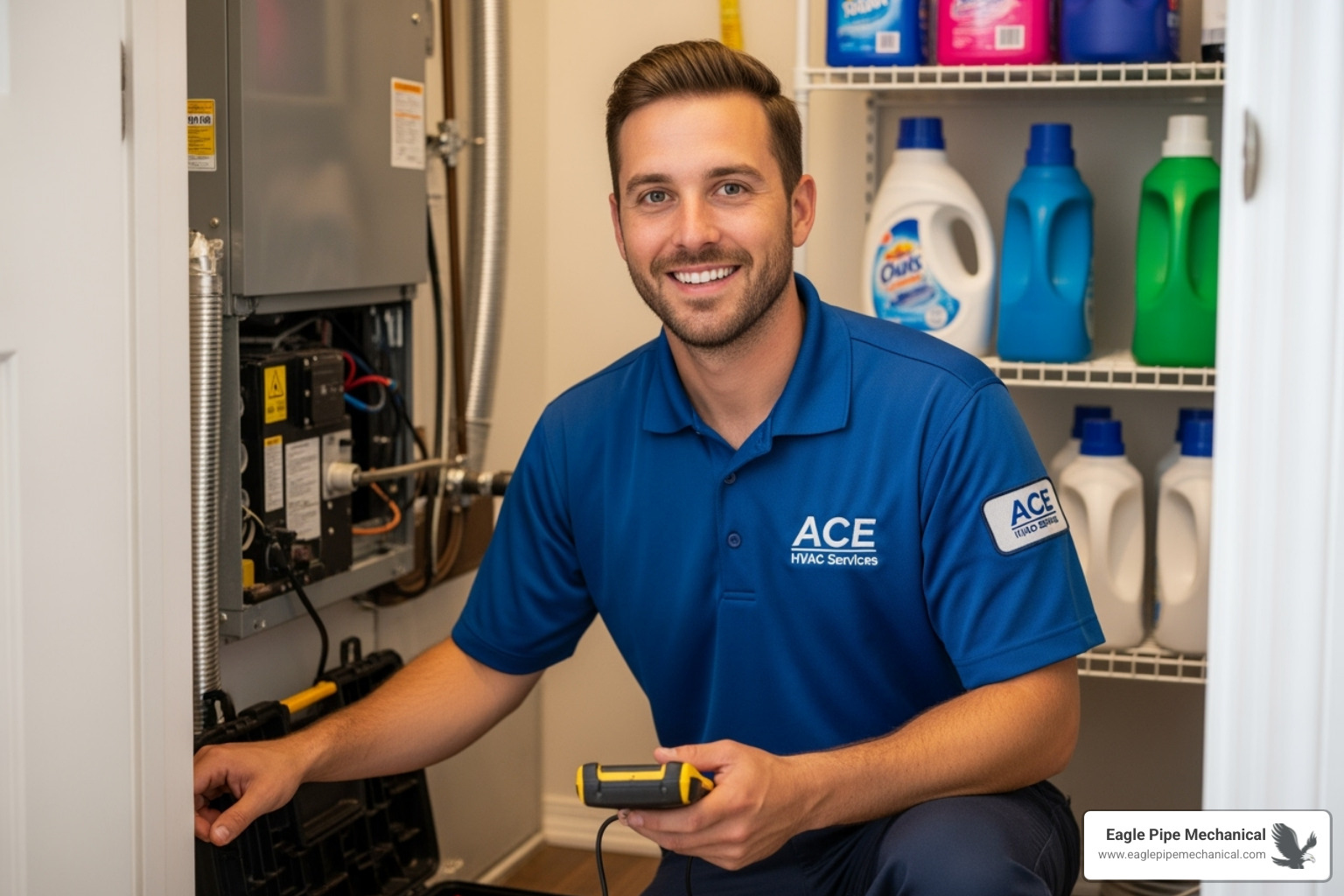 A friendly technician in an Eagle Pipe Mechanical uniform smiling - american standard furnace bainbridge island wa
