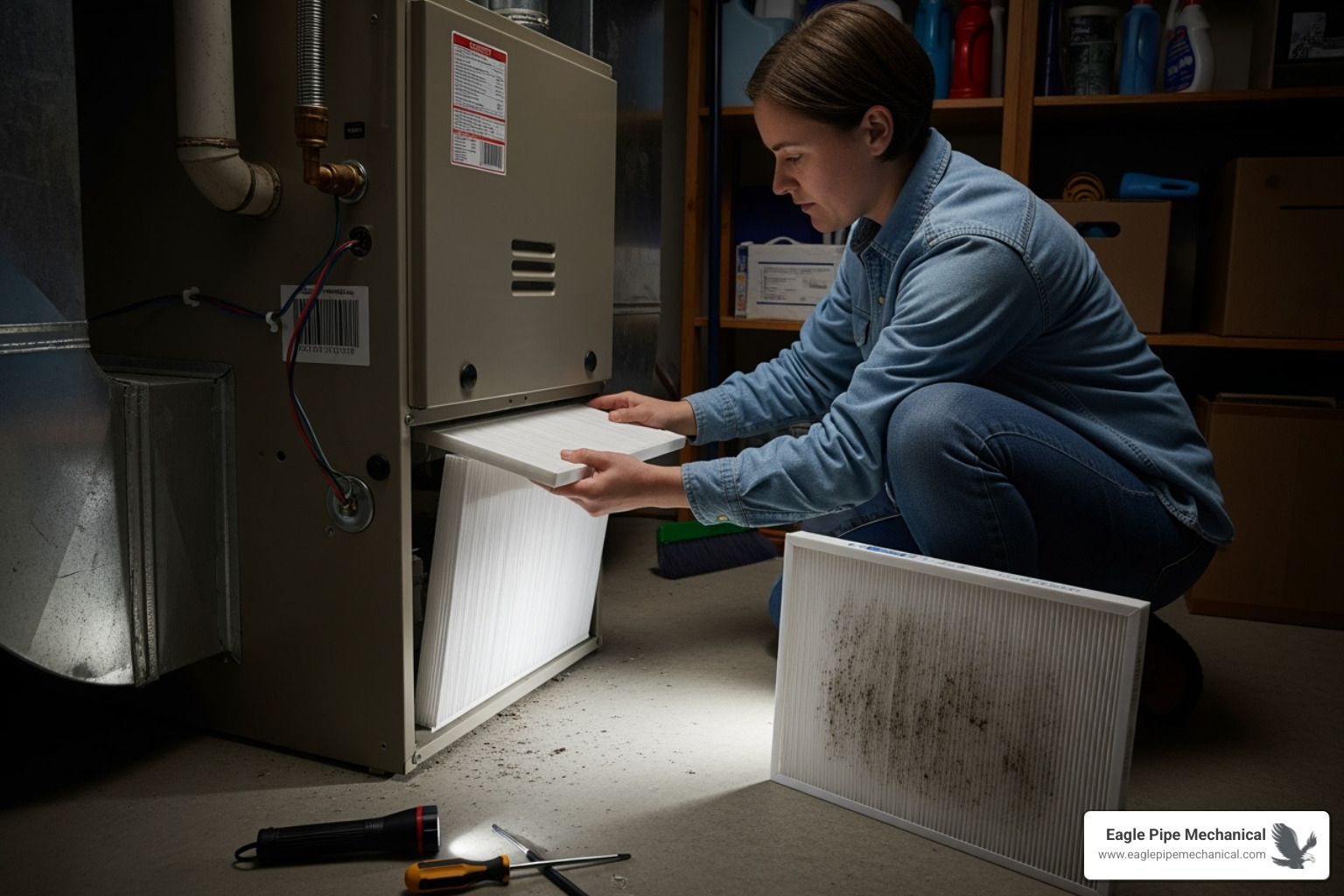 a person changing a furnace air filter - Furnace repair Port Orchard