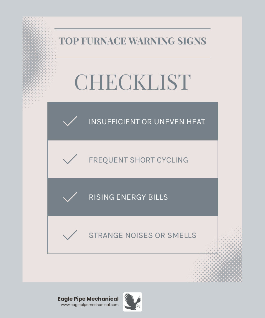 infographic showing the top 5 warning signs your furnace needs attention: insufficient or uneven heat throughout your home, short cycling where the furnace turns on and off frequently, unexplained increases in energy bills, strange noises like banging squealing or rattling, and unusual smells especially burning odors or a yellow pilot light flame - Furnace repair Port Orchard infographic checklist-light-blue-grey