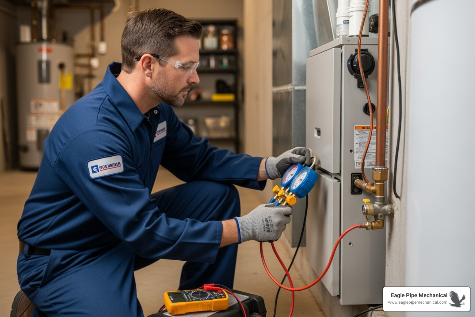 a technician using diagnostic tools on a furnace - Furnace repair Port Orchard