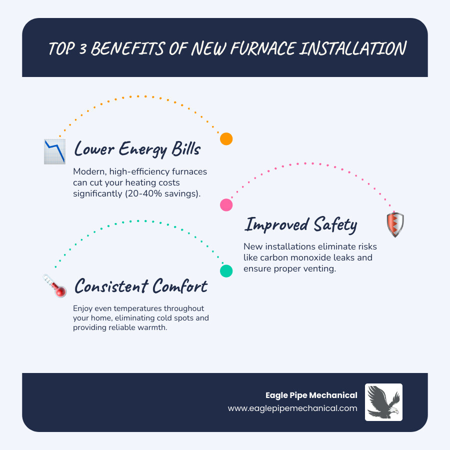 Infographic showing three main benefits of new furnace installation: 1. Lower Energy Bills with dollar sign and downward arrow showing 20-40% savings from high-efficiency models, 2. Improved Safety with shield icon highlighting carbon monoxide prevention and proper venting, 3. Consistent Comfort with thermostat icon showing even temperatures throughout your home with no cold spots - Furnace installation Port Orchard infographic infographic-line-3-steps-blues-accent_colors