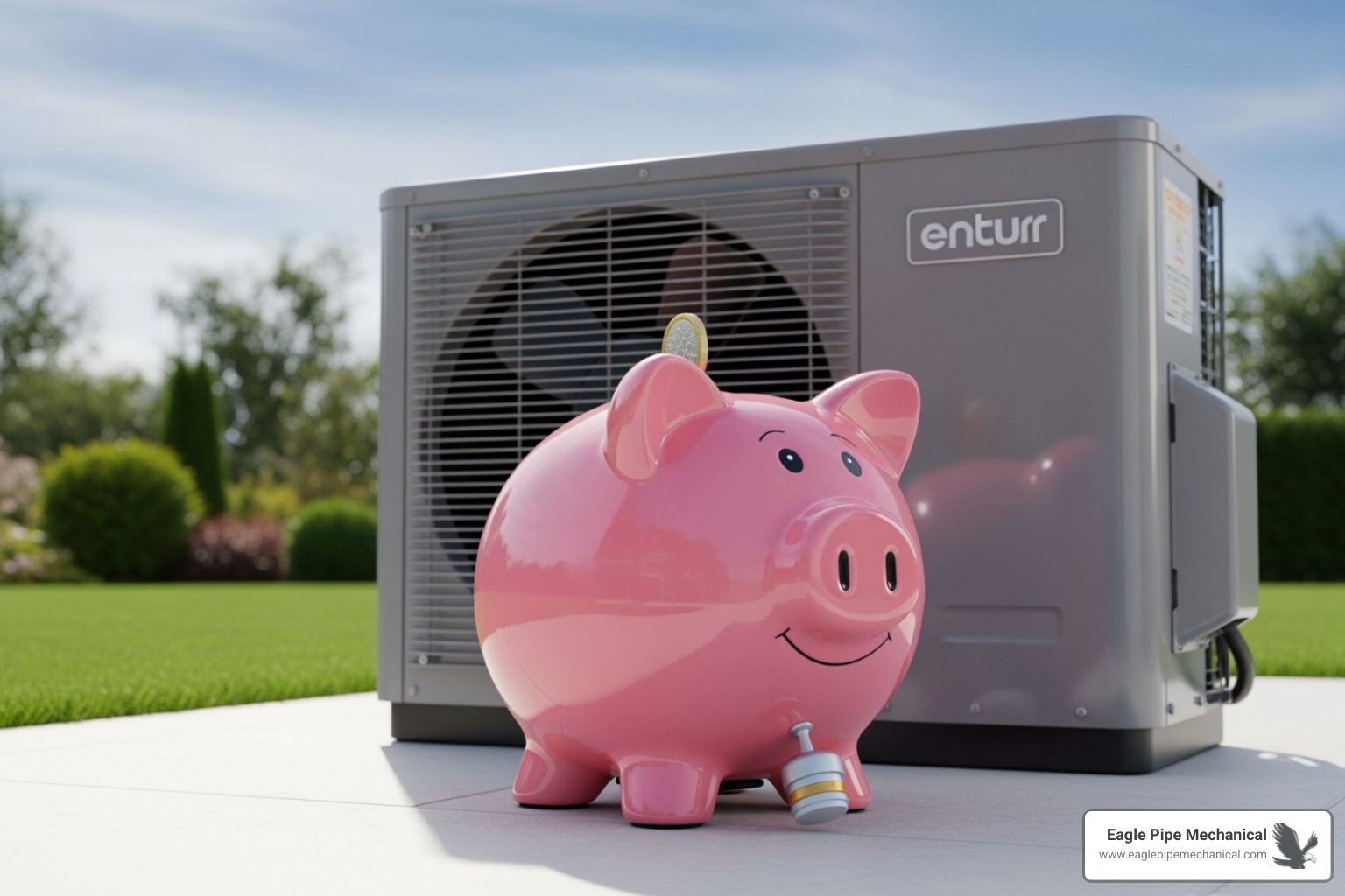 Piggy bank next to an energy-efficient HVAC unit - HVAC Installation Installation Bremerton Wa