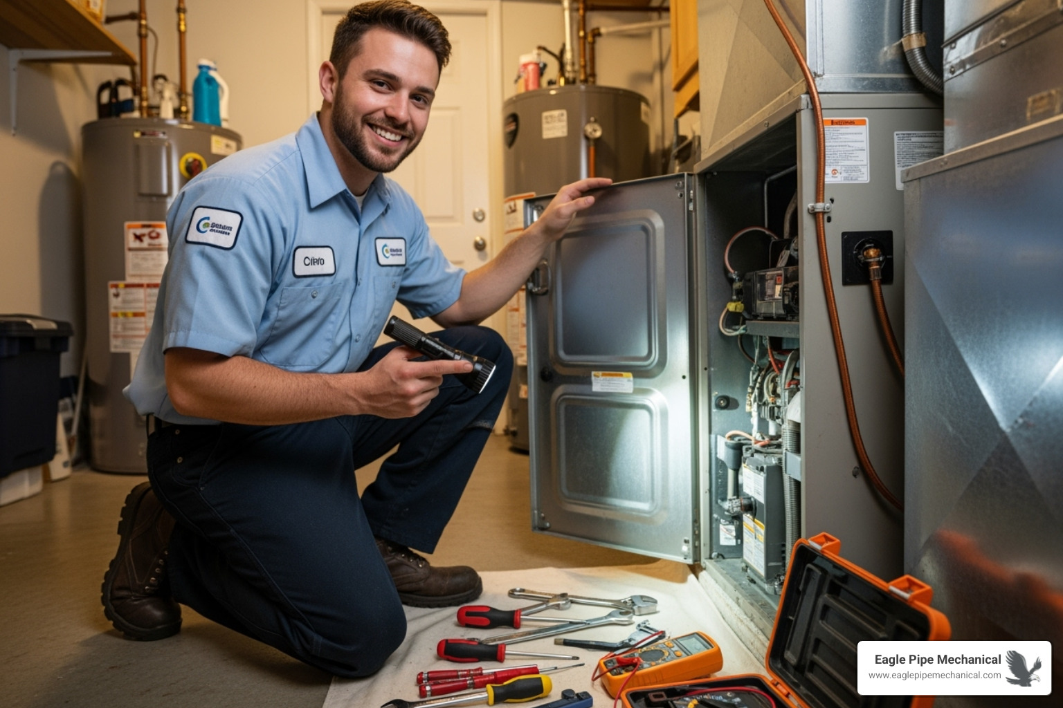 friendly technician performing furnace inspection - furnace service bainbridge island wa