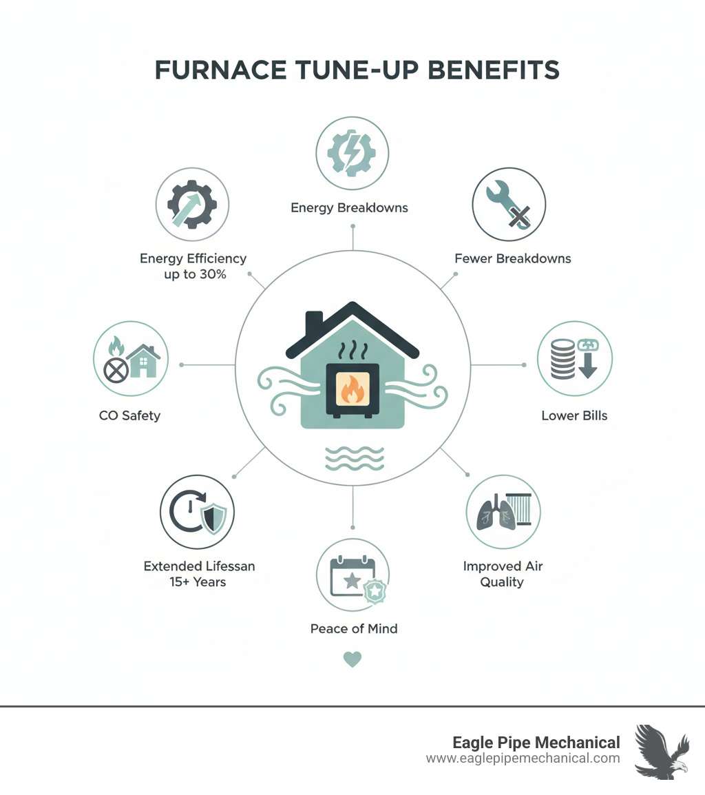 Infographic showing the key benefits of annual furnace maintenance including improved energy efficiency up to 30%, extended equipment lifespan beyond 15 years, fewer emergency breakdowns, enhanced indoor air quality through clean filters, carbon monoxide safety checks, lower monthly utility bills, priority service for maintenance plan members, and peace of mind throughout winter - furnace service bainbridge island wa infographic 