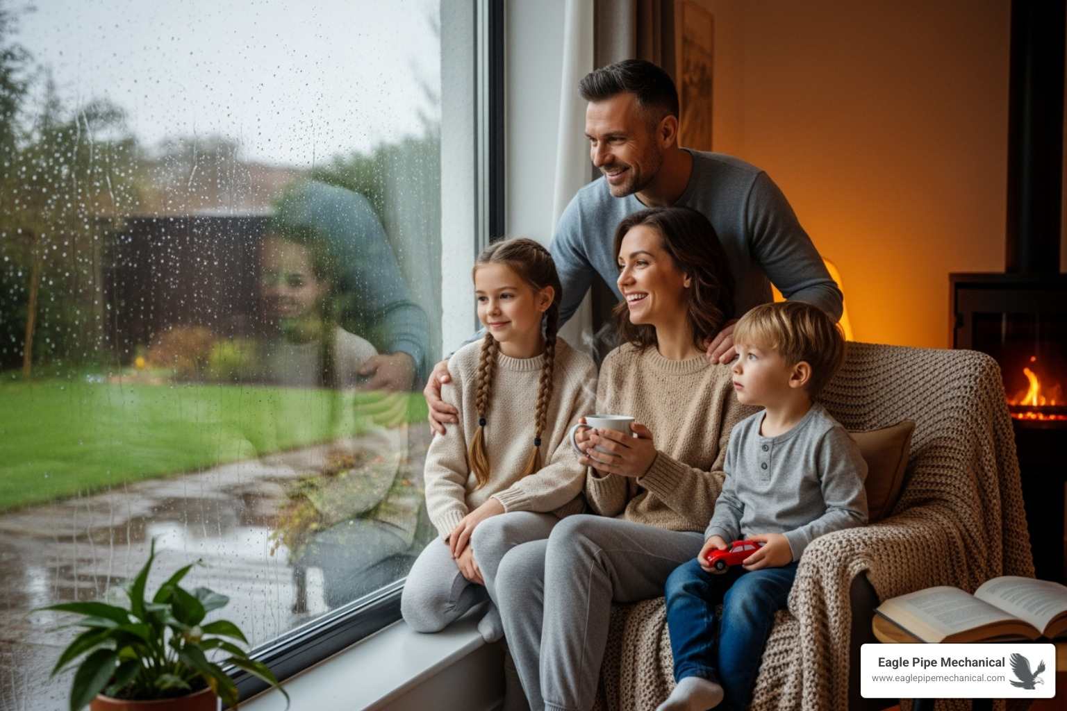 family enjoying warm home during rainy day - furnace service bainbridge island wa