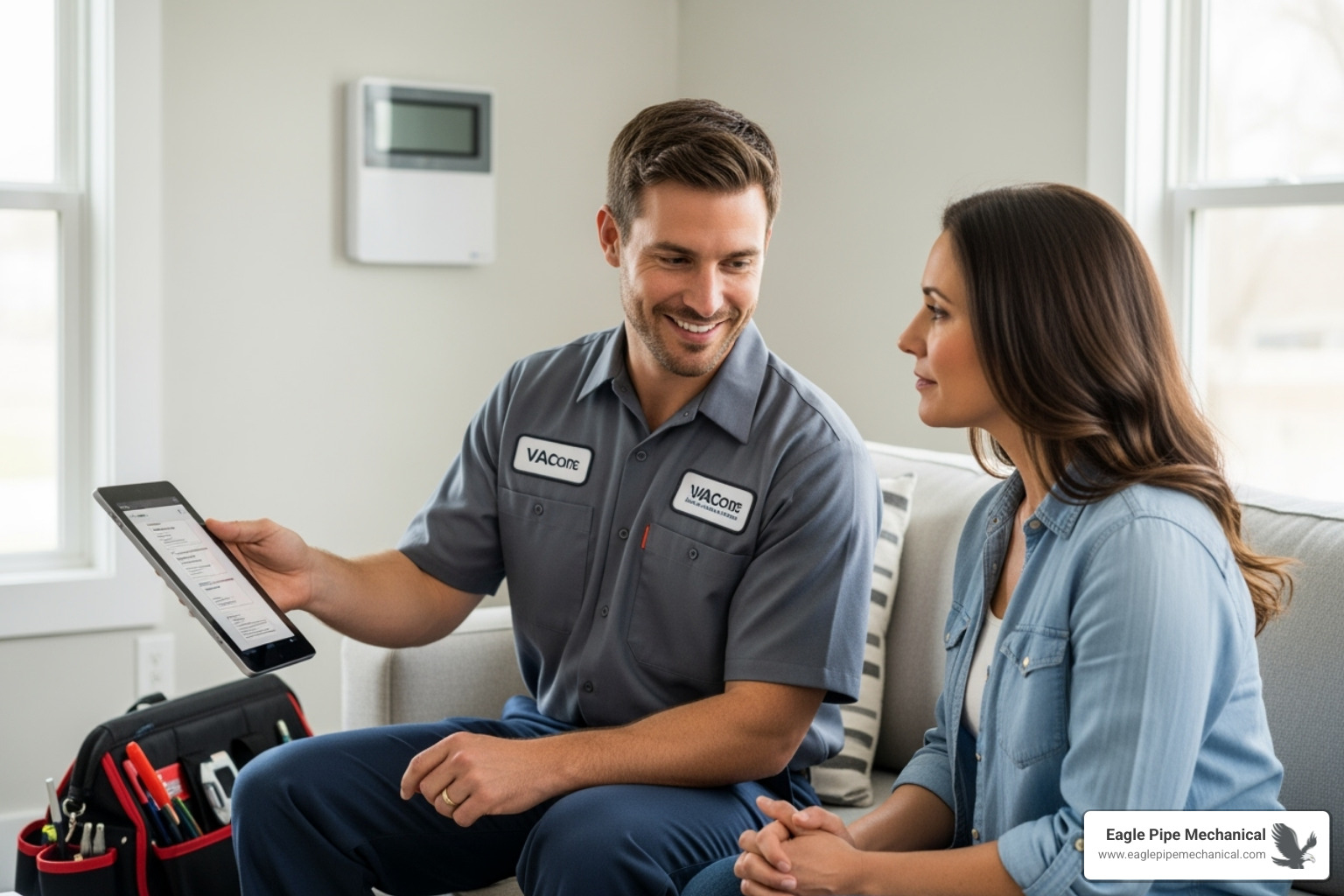 Friendly HVAC technician consulting with a homeowner - heat pump replacement bremerton wa