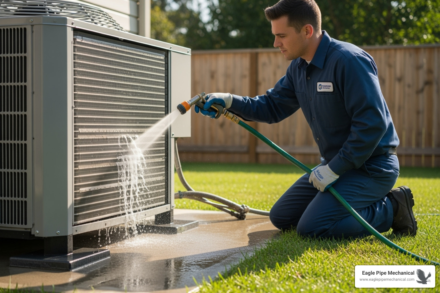 Technician cleaning the coils on an outdoor heat pump unit - heat pump replacement bremerton wa