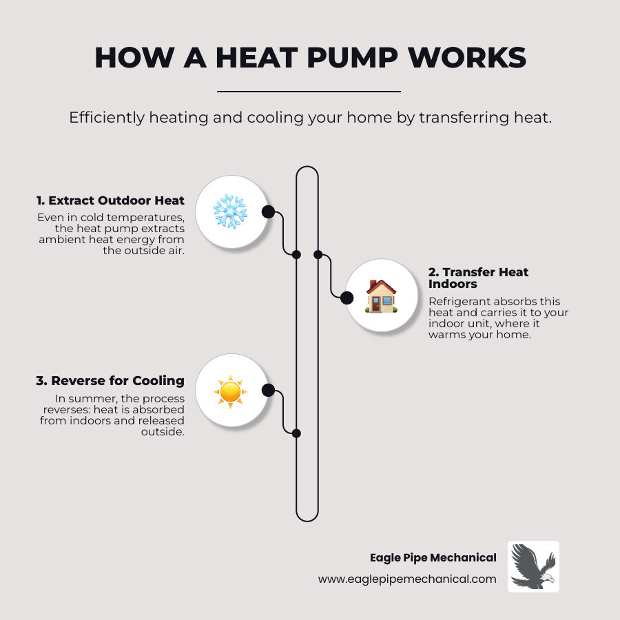 Infographic showing how heat pumps work by extracting heat from outdoor air even in cold weather and transferring it indoors during winter, then reversing the process in summer to remove heat from inside the home, with arrows indicating heat transfer direction and labeled components including outdoor unit, indoor unit, refrigerant lines, and reversing valve - heat pump replacement bremerton wa infographic infographic-line-3-steps-elegant_beige
