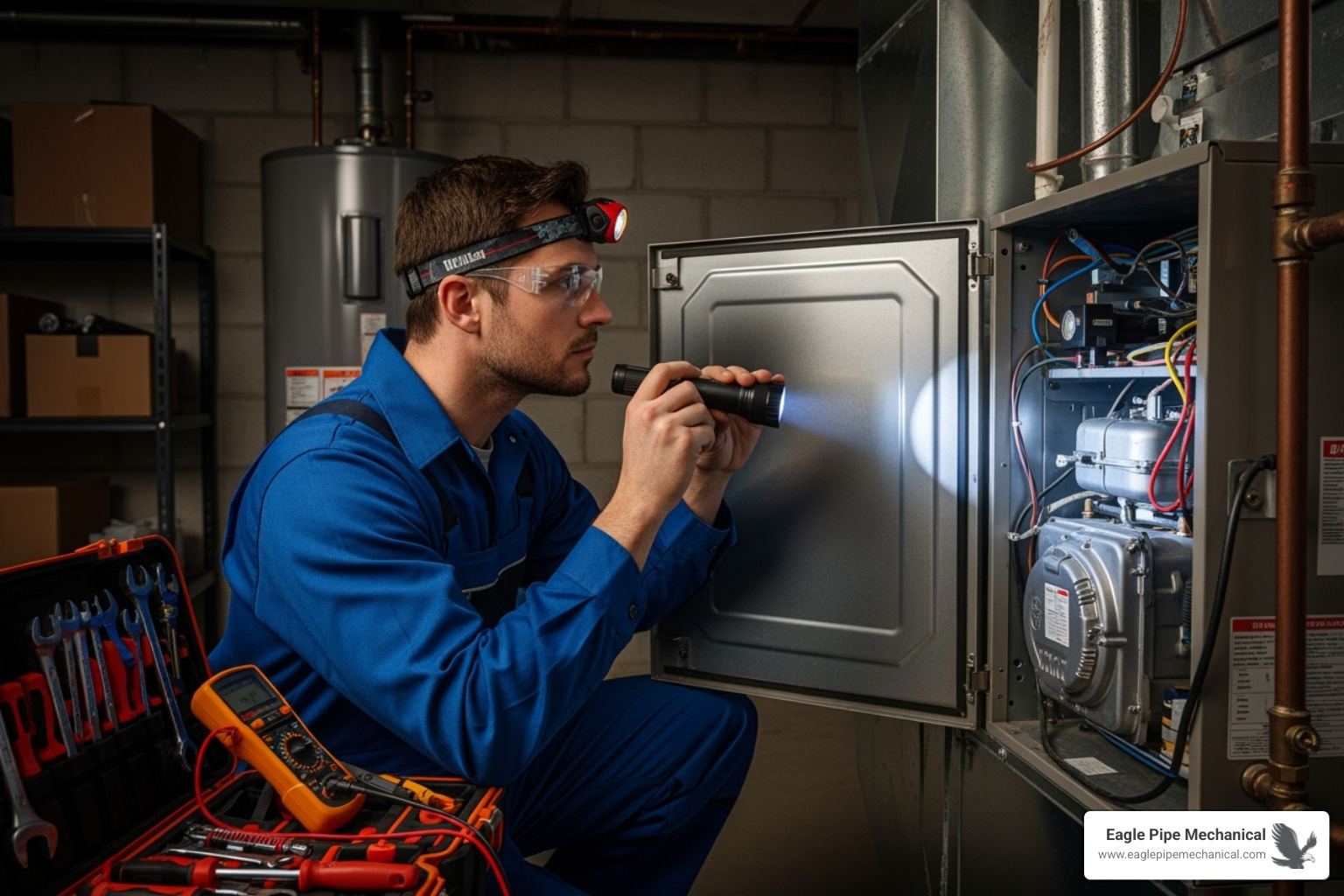 A professional technician inspecting a furnace with a flashlight - Furnace repair Bremerton
