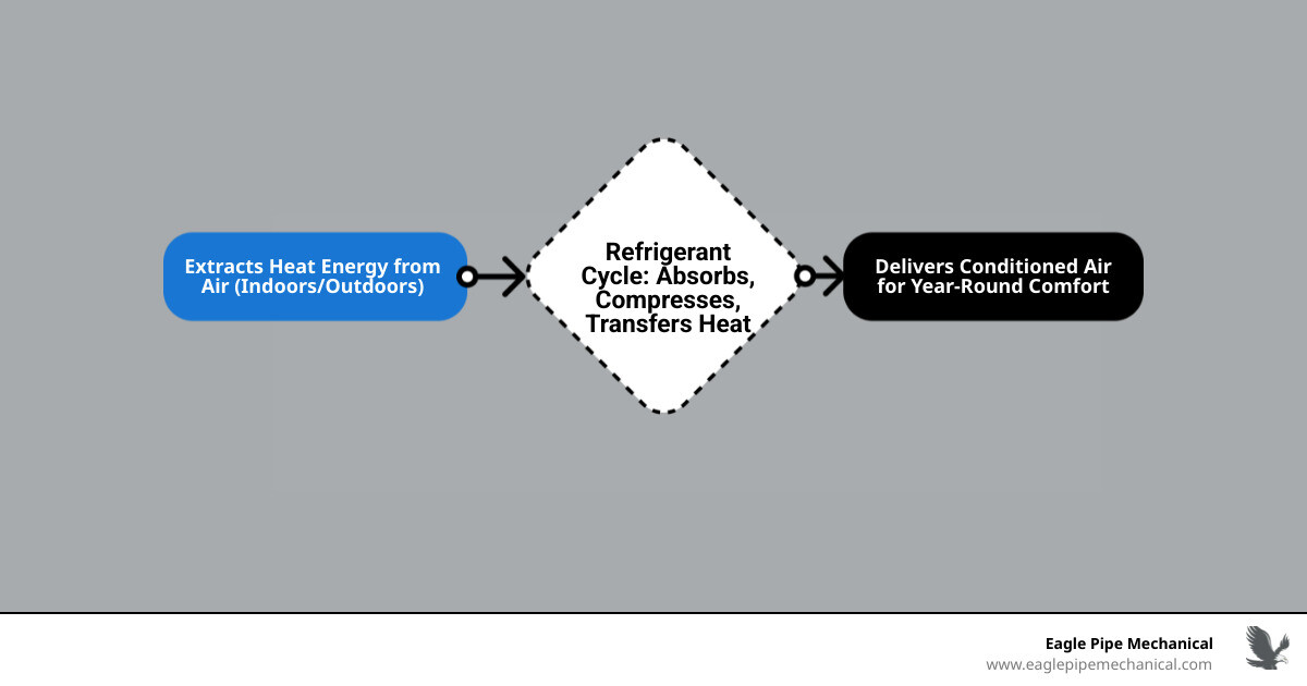Infographic showing heat pump operation: outdoor unit extracts heat from outside air in winter and transfers it indoors through refrigerant lines; in summer, the process reverses to remove heat from inside and release it outdoors, with arrows indicating heat flow direction and labeled components including compressor, evaporator, and condenser coils - heat pump service bainbridge island infographic flowmap_simple