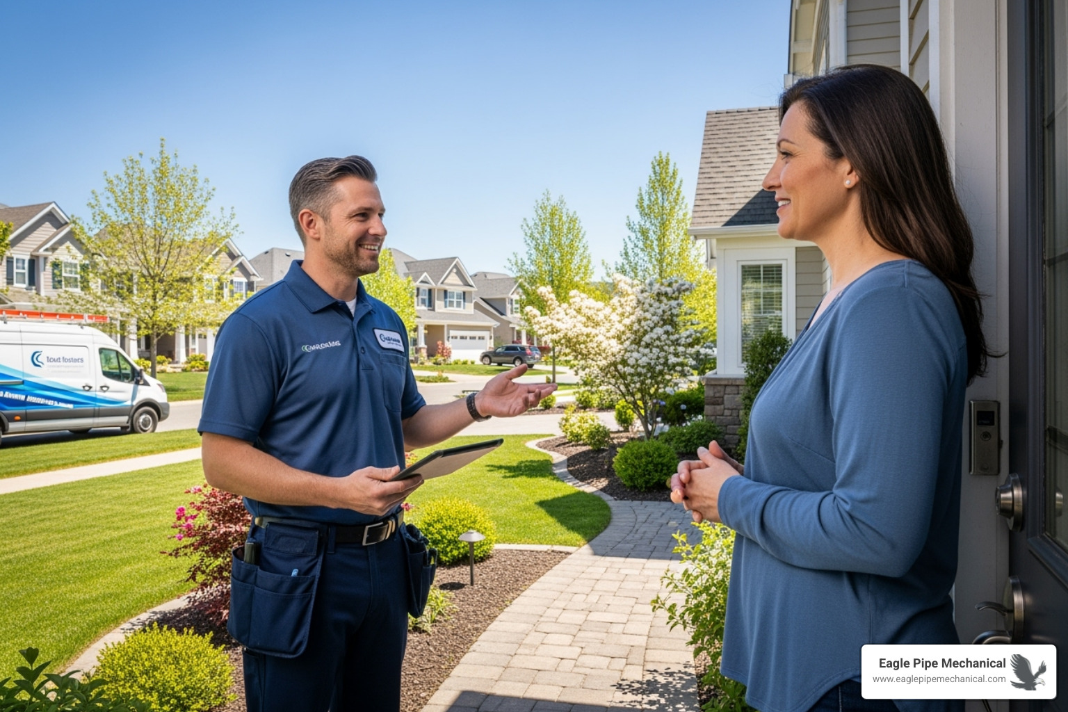 A friendly technician talking with a homeowner outside their home - heat pump service bainbridge island