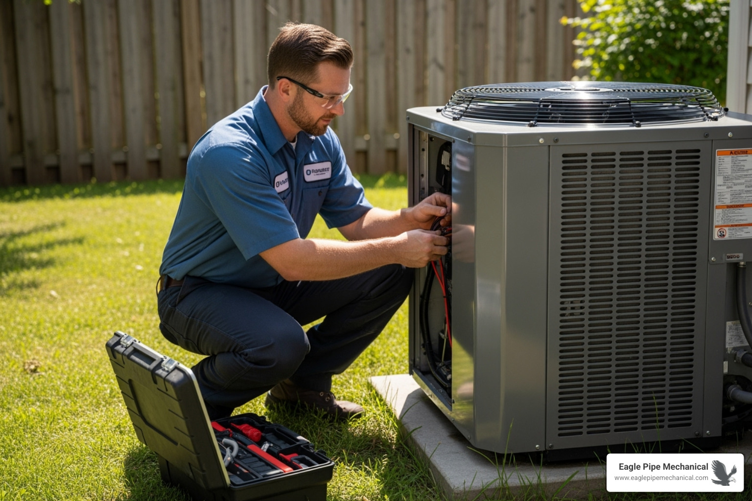 A professional technician in uniform performing maintenance on an outdoor heat pump unit - heat pump service bainbridge island