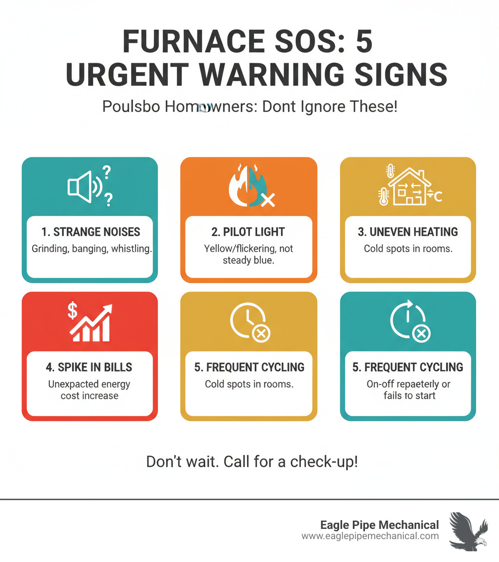 Infographic showing the top 5 signs your furnace needs immediate attention: 1. Strange noises like grinding, banging, or whistling sounds from the unit, 2. Yellow or flickering pilot light instead of steady blue flame, 3. Uneven heating with cold spots in different rooms, 4. Sudden spike in energy bills without increased usage, 5. Frequent on-off cycling or complete failure to start - Furnace repair Poulsbo infographic