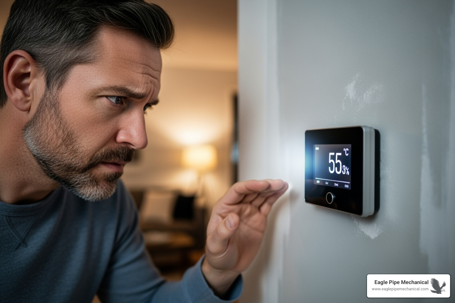 A homeowner looking at a thermostat with a concerned expression - Furnace repair Poulsbo