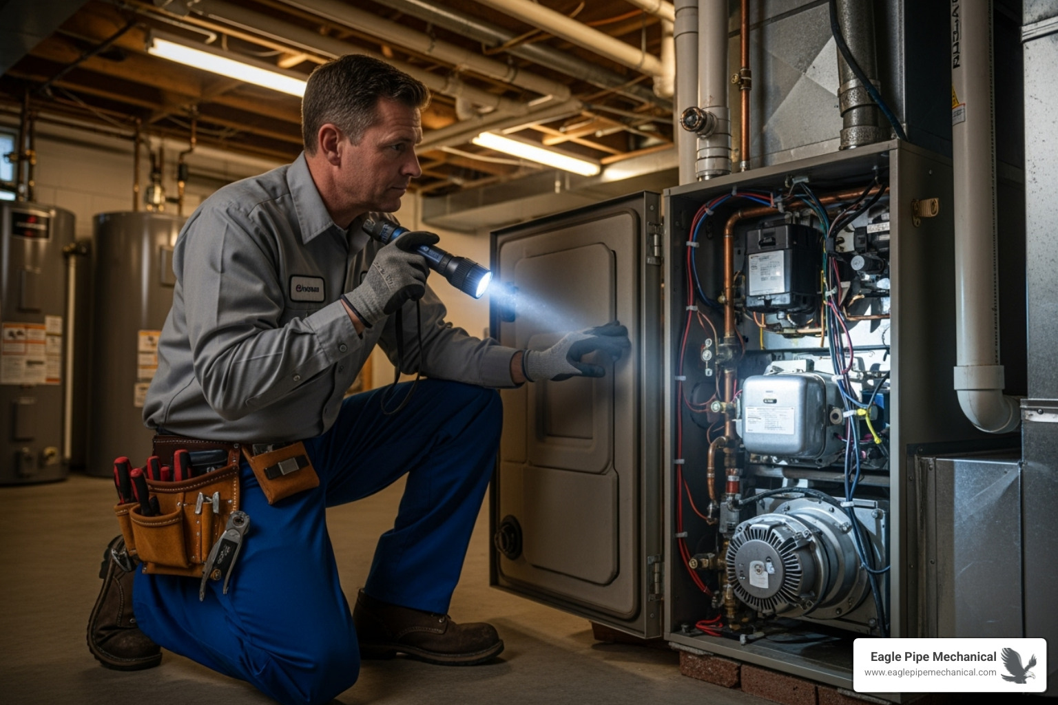 An Eagle Pipe Mechanical HVAC technician inspecting the internal components of a furnace - Furnace repair Poulsbo