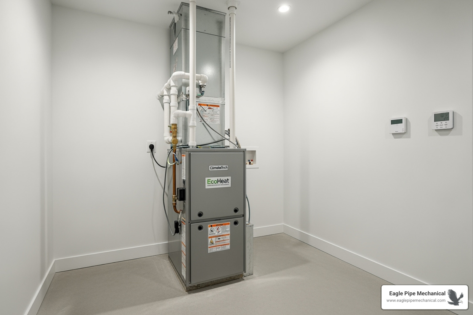 A modern, high-efficiency furnace installed in a clean utility room - Furnace repair Poulsbo