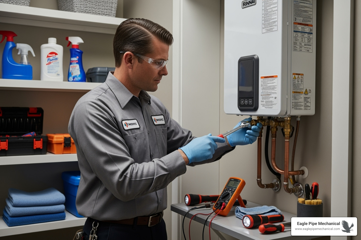 technician performing maintenance on a tankless unit - tankless water heater gig harbor