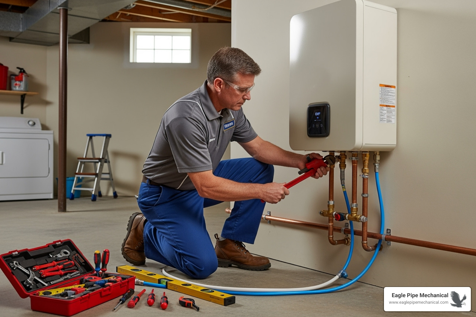 professional plumber installing a tankless water heater - tankless water heater gig harbor