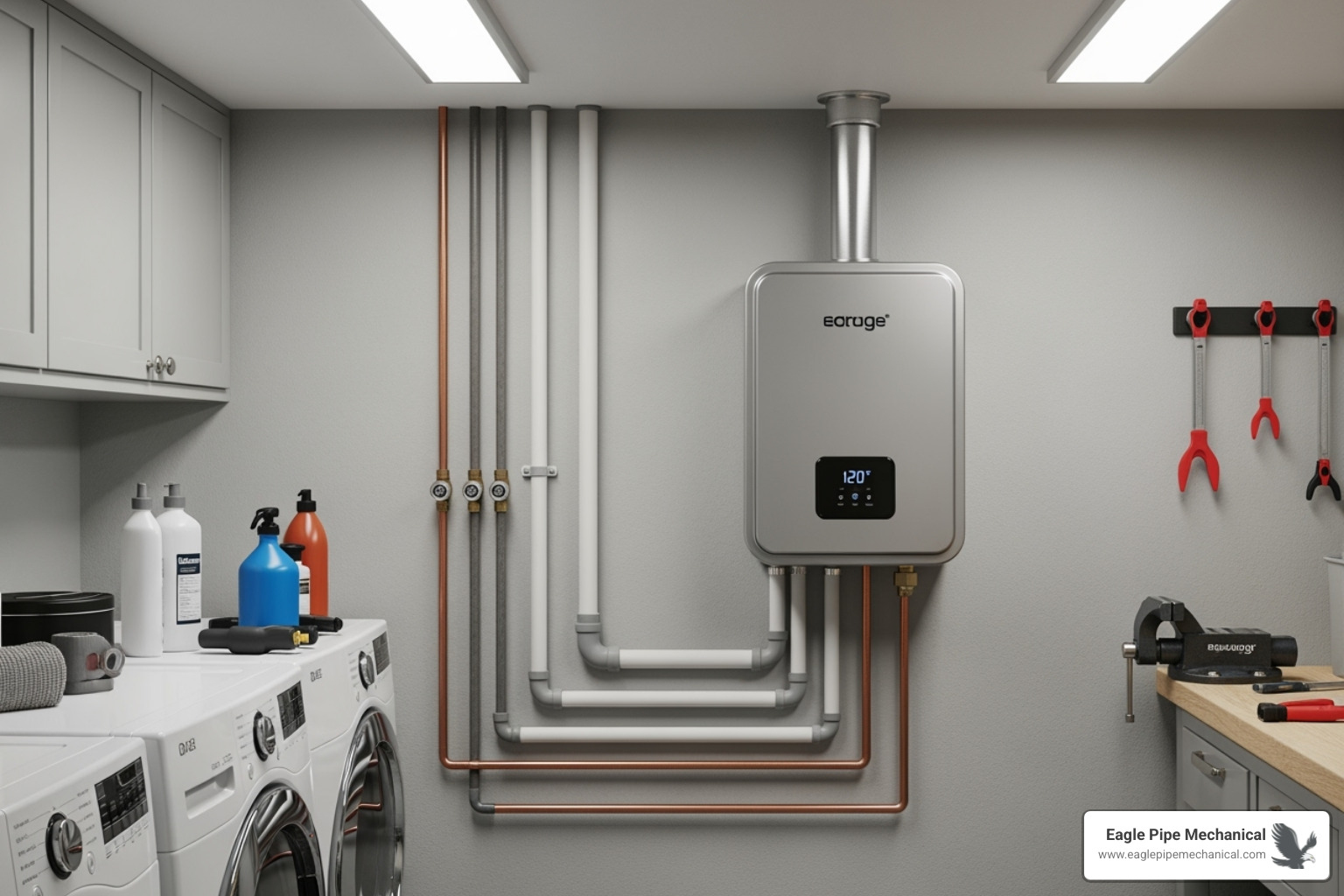 compact tankless water heater mounted on a wall, saving space - tankless water heater gig harbor