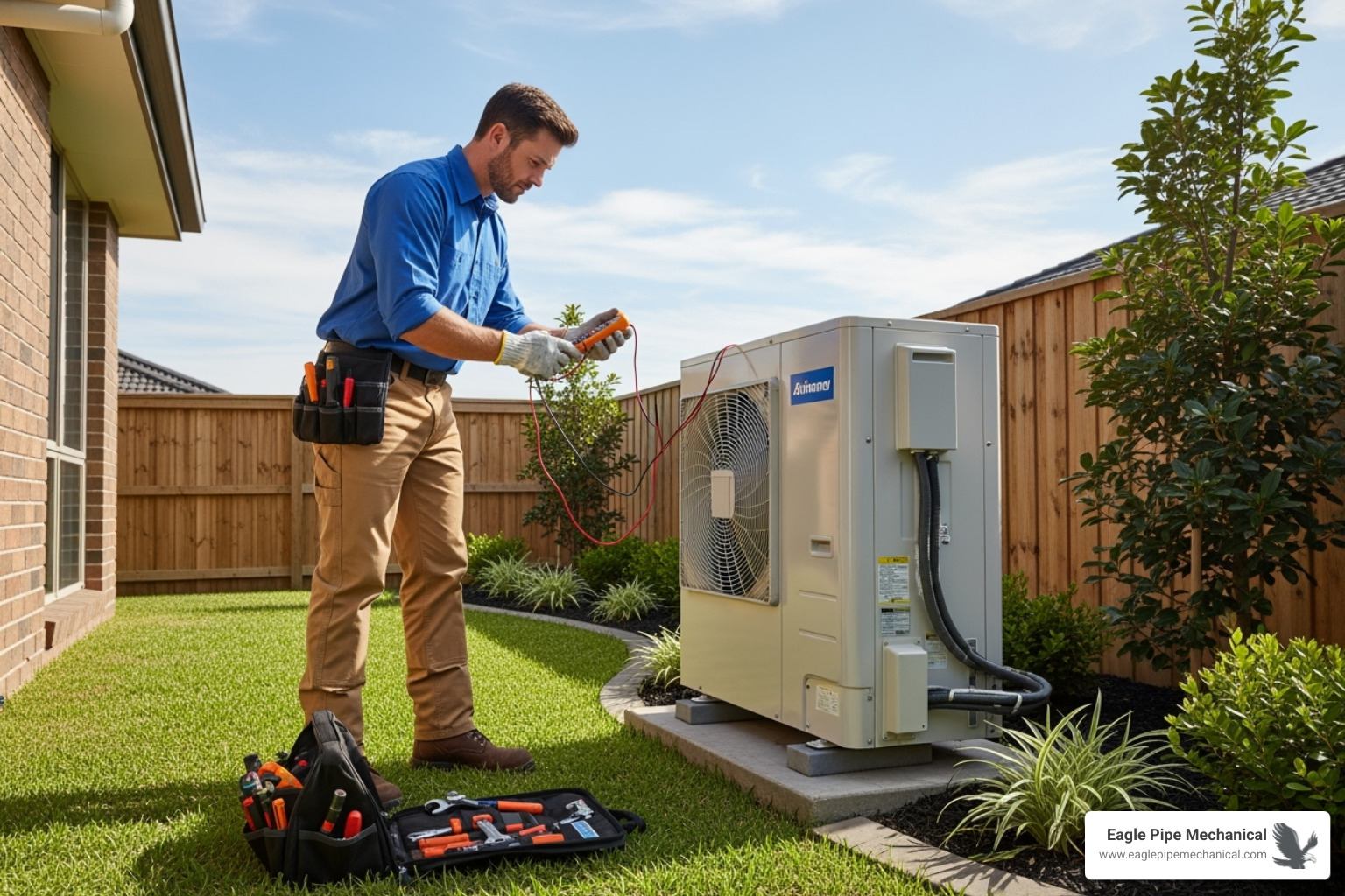 HVAC technician servicing an outdoor heat pump unit - hvac service bainbridge island wa