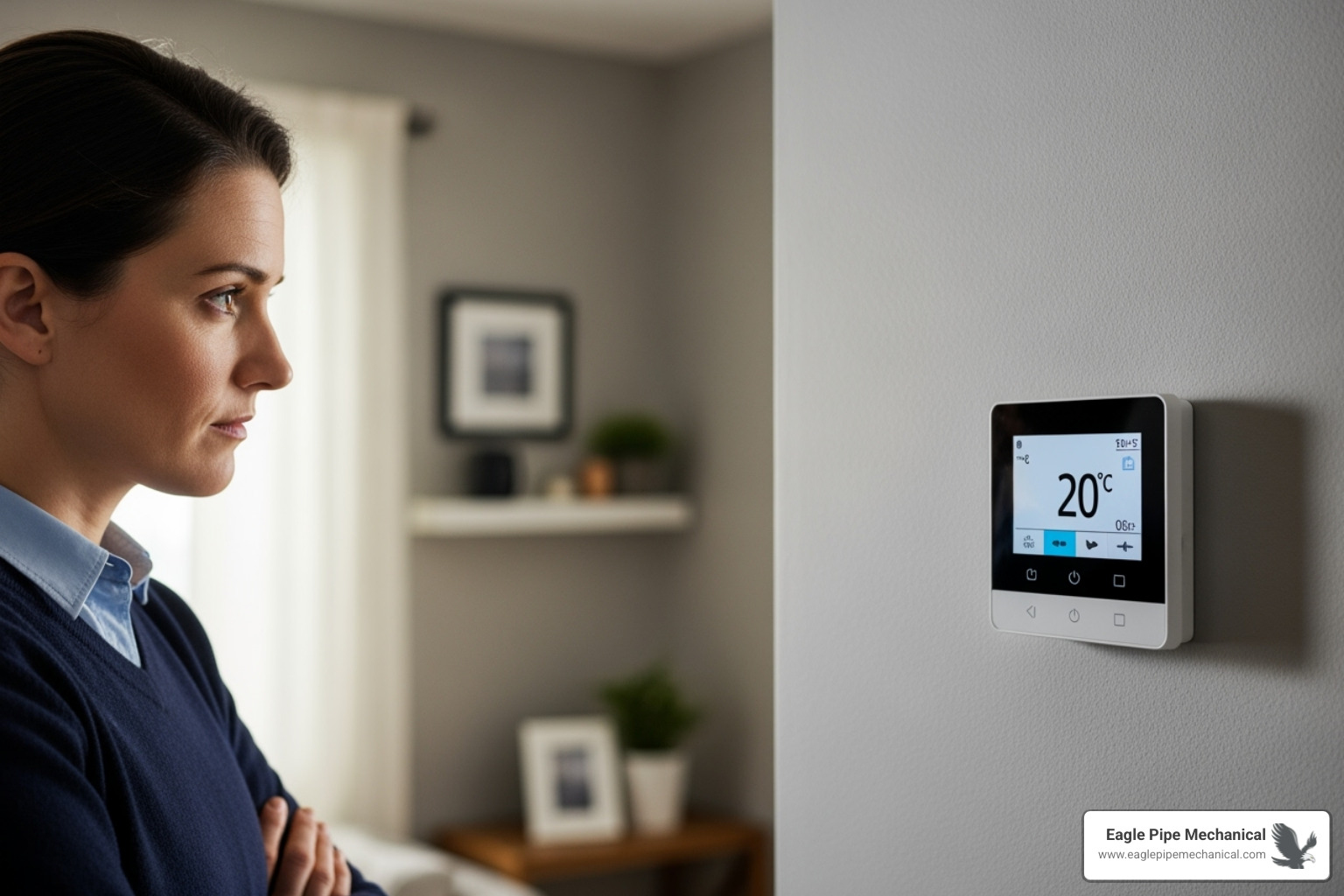 Person looking thoughtfully at their thermostat - hvac service bainbridge island wa