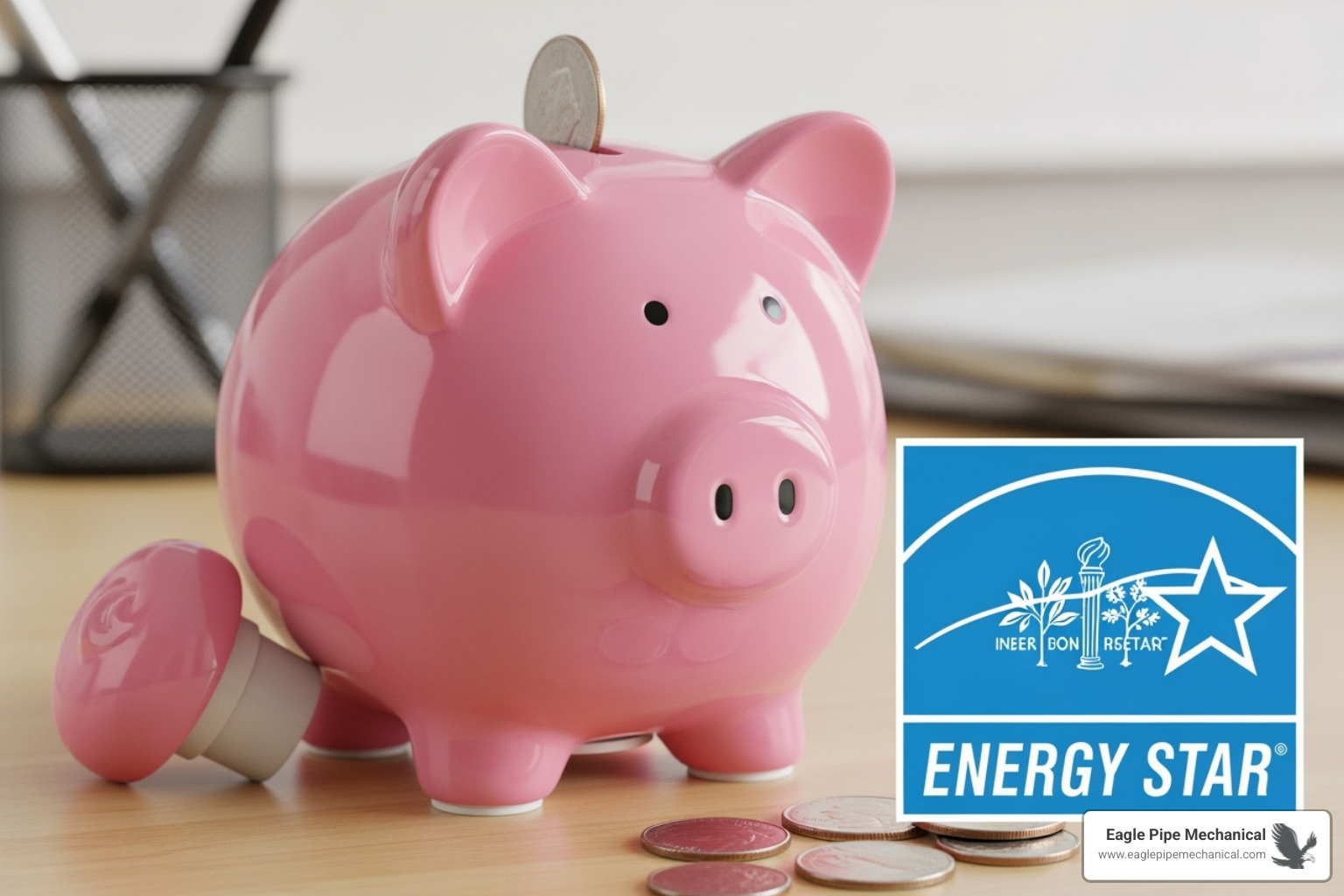Piggy bank next to an ENERGY STAR logo - HVAC system replacement