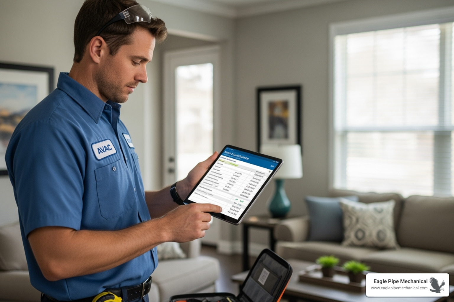 Technician performing a Manual J load calculation on a tablet - HVAC system replacement