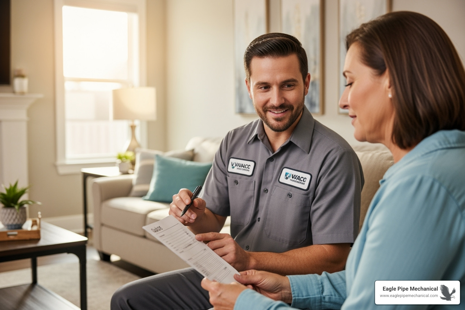 Homeowner reviewing a quote with a friendly HVAC technician - HVAC system replacement