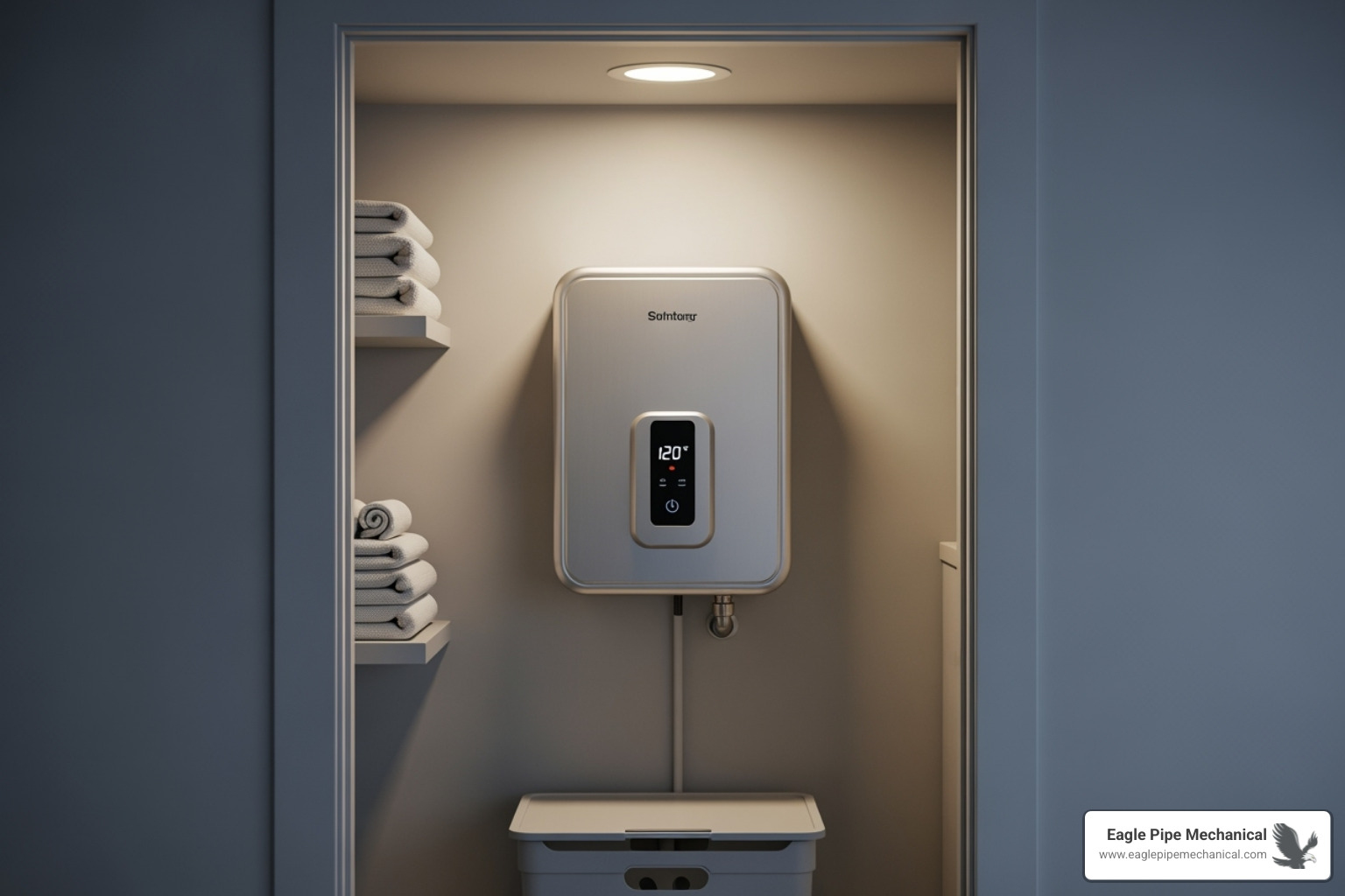 A compact, wall-mounted tankless water heater installed in a neatly organized utility closet, showcasing its space-saving design. - tankless water heater hansville
