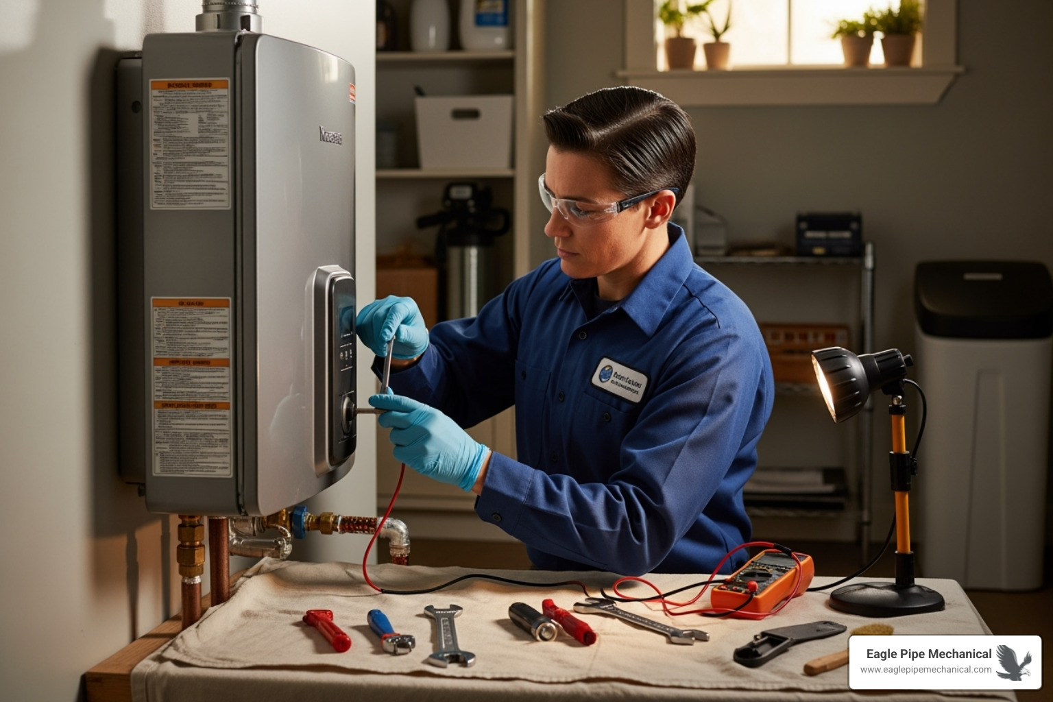 A certified technician in uniform carefully performing maintenance on a tankless water heater, with tools and protective gear visible. - tankless water heater hansville
