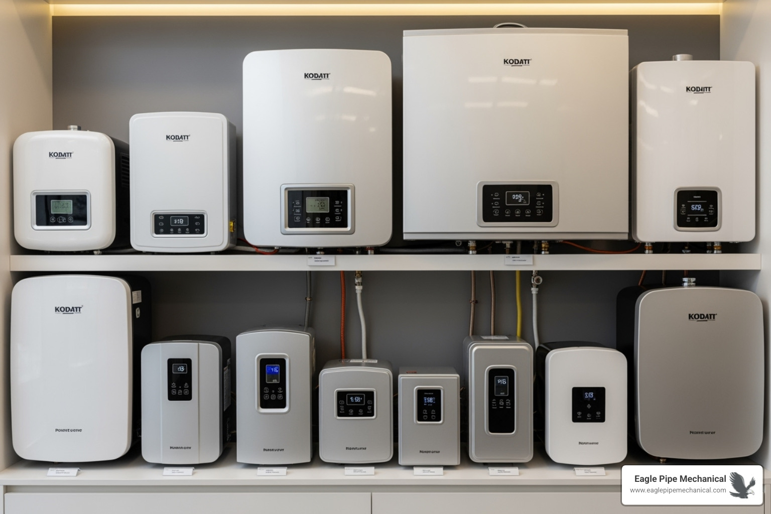 A selection of different sized tankless water heater units, from small point-of-use models to larger whole-home systems, arranged to illustrate the range of options available. - tankless water heater hansville