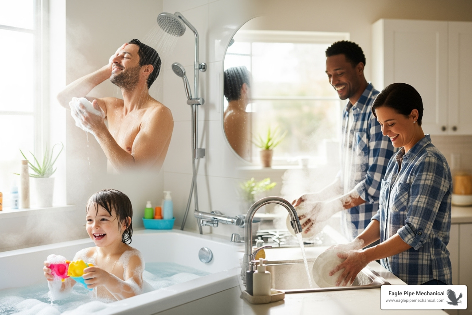 A family happily enjoying hot water for various tasks simultaneously, such as a child in a bath, someone showering, and a parent doing dishes, illustrating the concept of endless hot water. - tankless water heater hansville