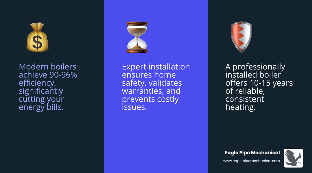 infographic showing the complete boiler installation process from initial home assessment through final testing, including key benefits like 90-96% efficiency ratings, average 10-15 year lifespan, reduced monthly heating costs, and proper safety certifications required for professional installation - boiler installation near me infographic 3_facts_emoji_blue