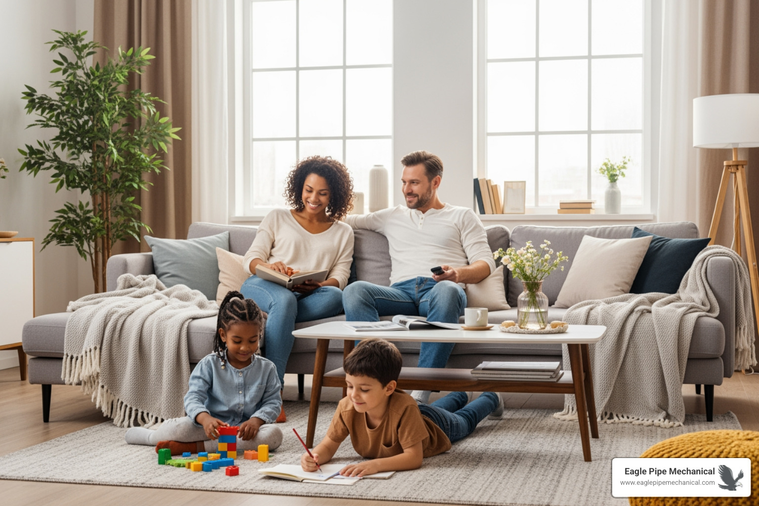 family enjoying comfortable living room - Heat pump Gig Harbor