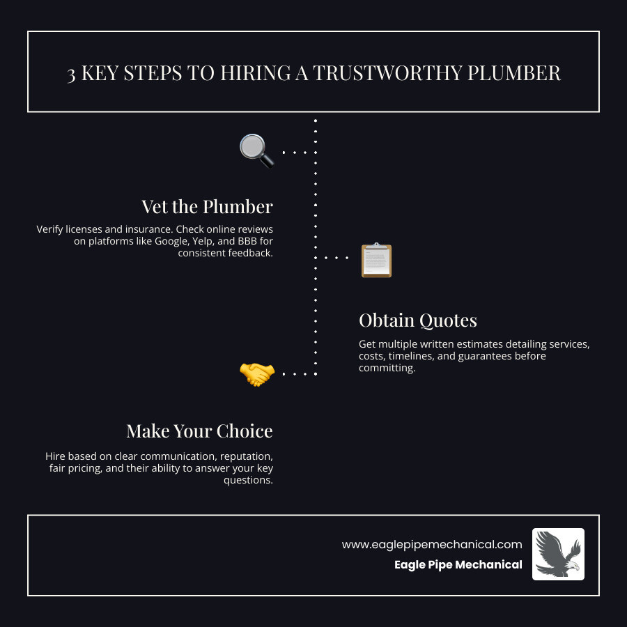 Infographic showing three steps to hiring a plumber: Step 1 - Vet the plumber by checking license, insurance, and online reviews; Step 2 - Get multiple written quotes and ask about guarantees and timelines; Step 3 - Hire based on reputation, clear communication, and fair pricing - plumber near me infographic infographic-line-3-steps-dark
