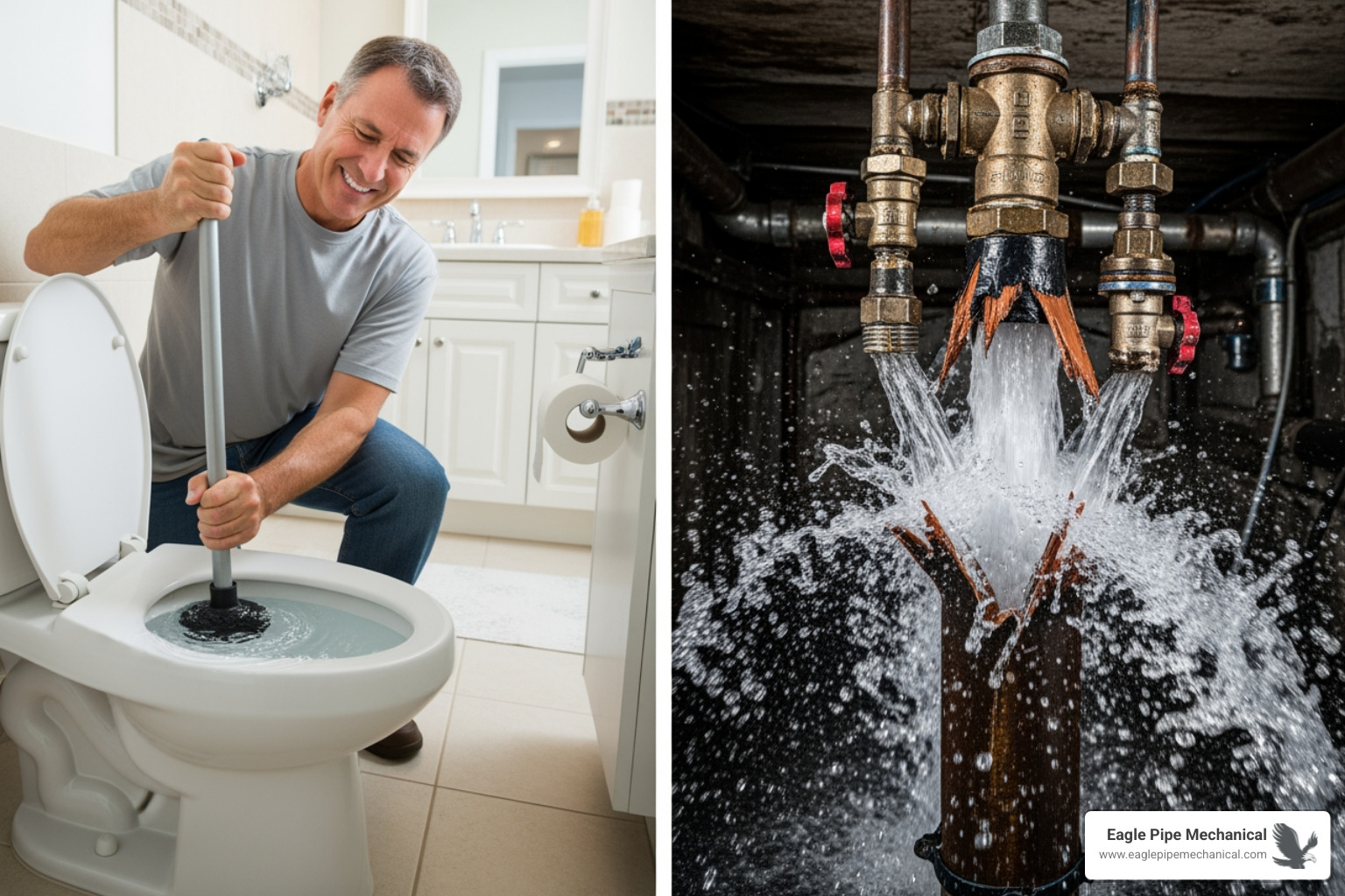 homeowner successfully using a plunger next to an image of a complex burst pipe - plumber near me