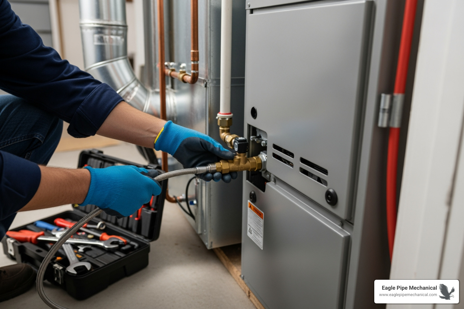 technician installing new gas furnace - oil furnace to gas conversion