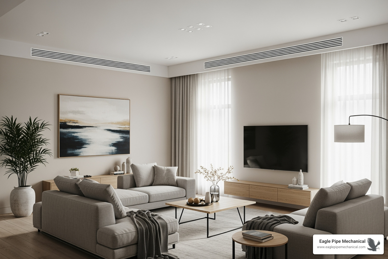 comfortable, modern living room with clean air vents visible - heat pump installation port orchard wa