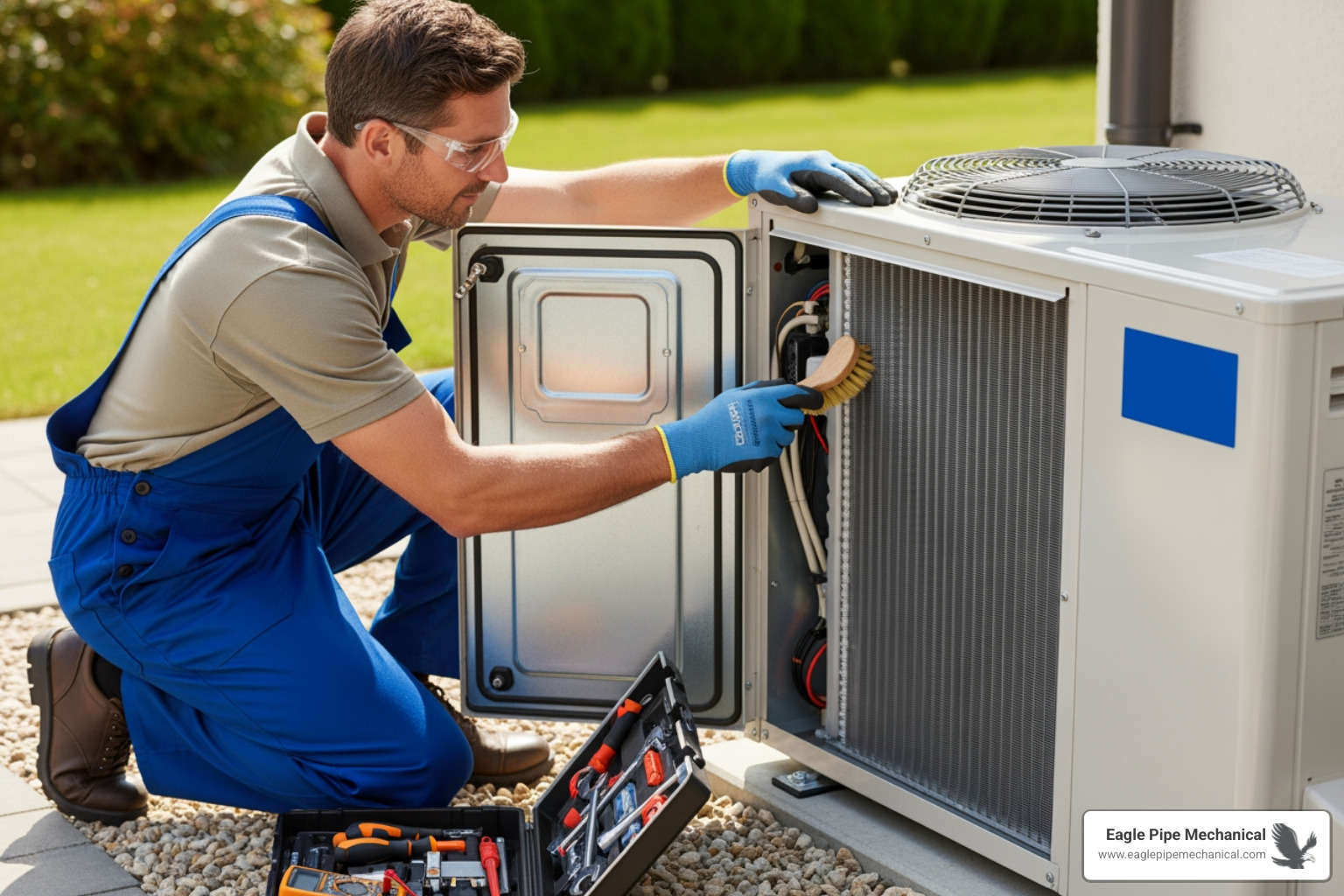 technician performing a clean and check on an outdoor heat pump unit - heat pump installation port orchard wa
