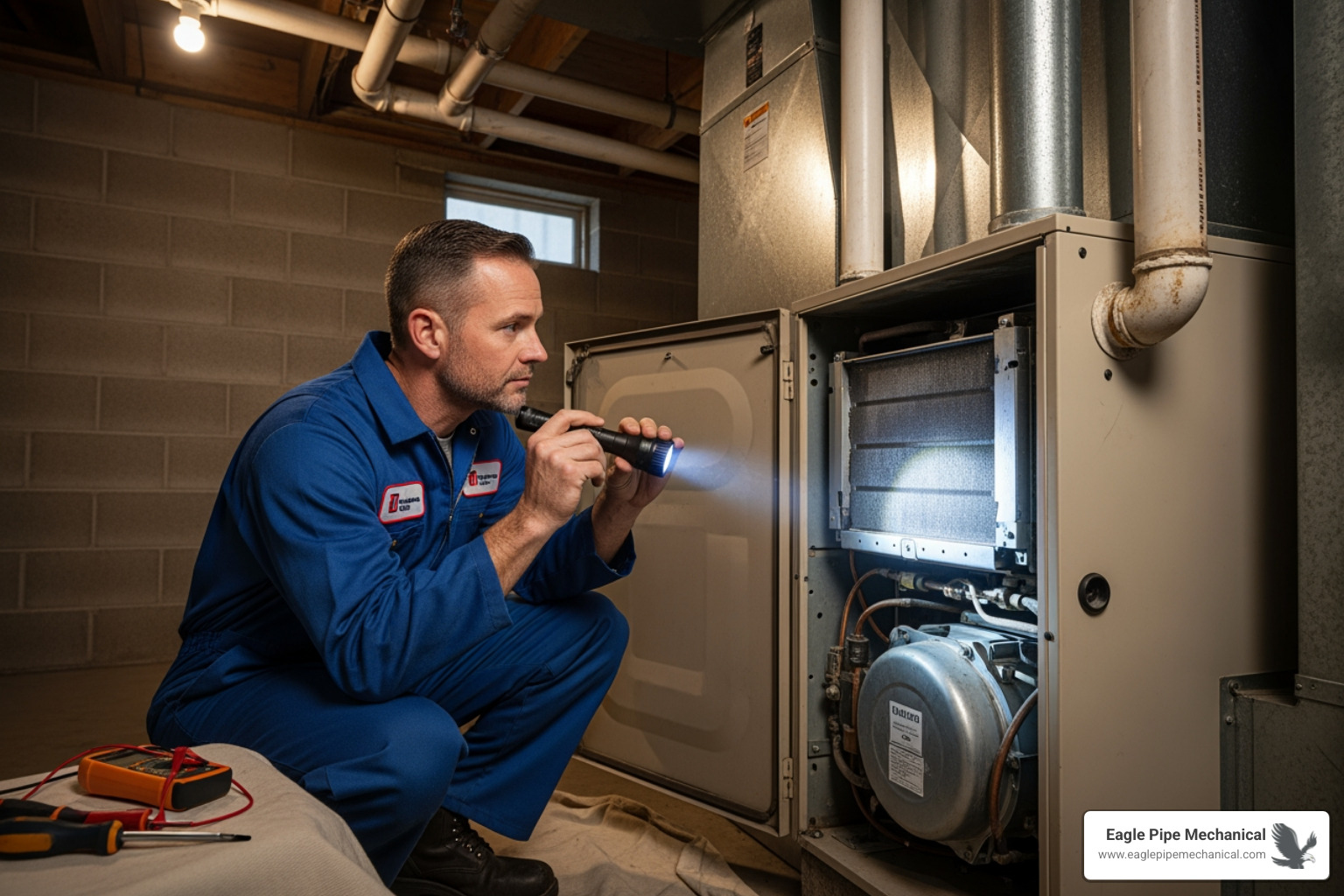 technician inspecting an older furnace - new hvac system cost kitsap county
