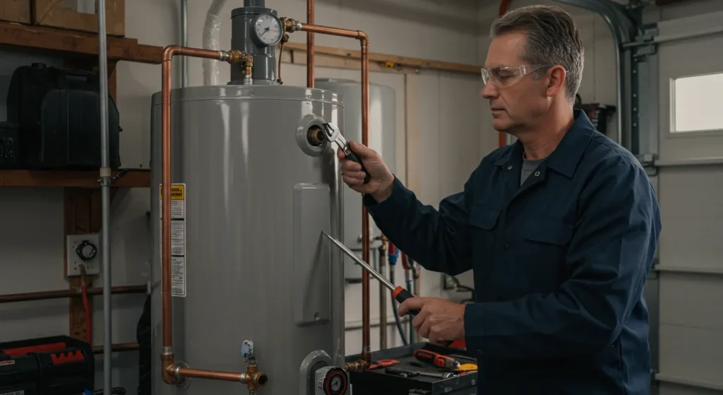 A technician wearing navy blue uniform is busy fixing a water heater indoor