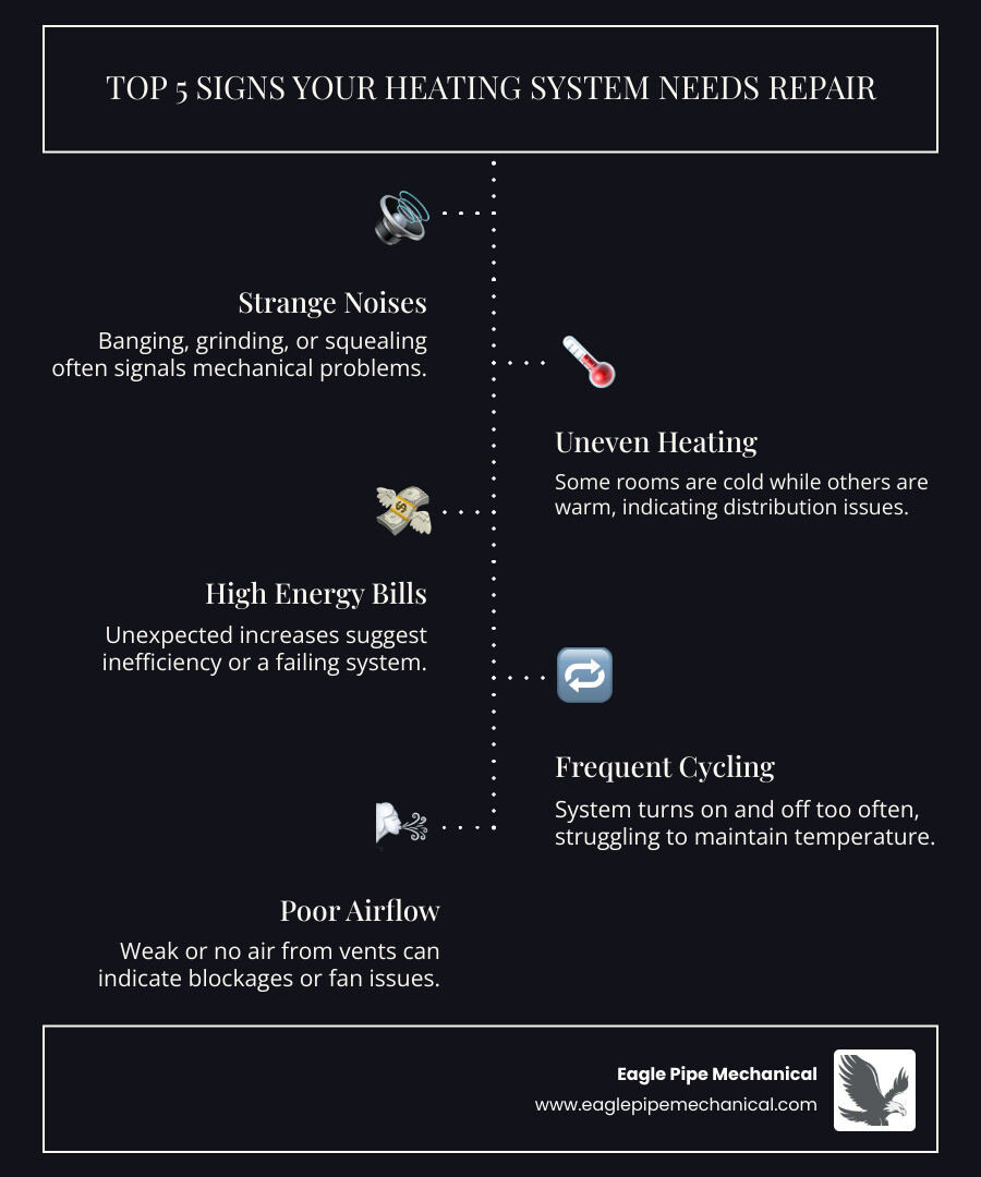 infographic showing five warning signs your heating system needs repair: strange noises like banging or grinding, uneven heating between rooms, sudden spikes in energy bills, frequent on-off cycling, and weak or no airflow from vents - heating repair silverdale infographic infographic-line-5-steps-dark