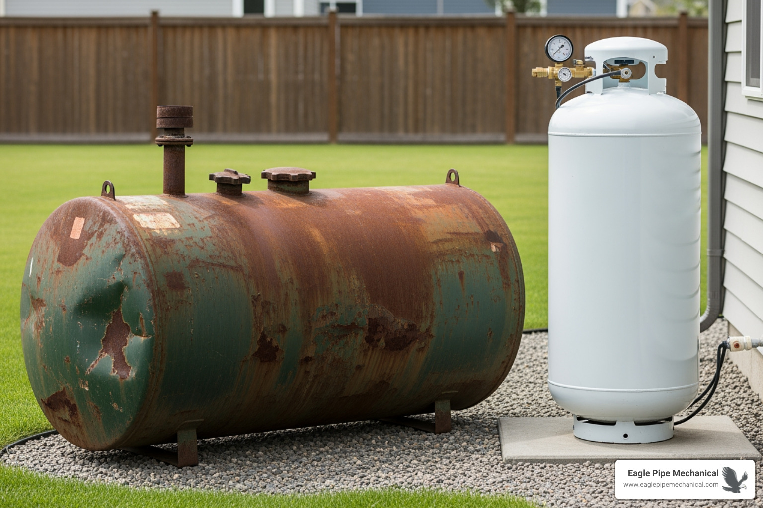 image of an old, rusty oil tank contrasted with a clean, new propane tank - oil to propane conversion bainbridge island