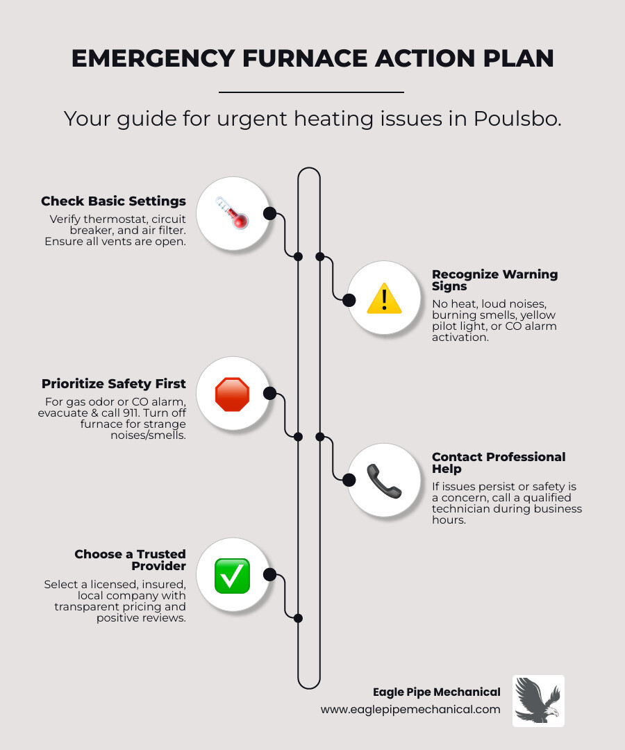Infographic showing emergency furnace repair decision tree: top shows homeowner checking thermostat and filter, middle shows warning signs like gas smell and strange noises with stop signs, bottom shows calling professional with checklist of licensed, local, and transparent pricing indicators - emergency furnace repair poulsbo infographic infographic-line-5-steps-elegant_beige Infographic showing emergency furnace repair decision tree: top shows homeowner checking thermostat and filter, middle shows warning signs like gas smell and strange noises with stop signs, bottom shows calling professional with checklist of licensed, local, and transparent pricing indicators - emergency furnace repair poulsbo infographic infographic-line-5-steps-elegant_beige