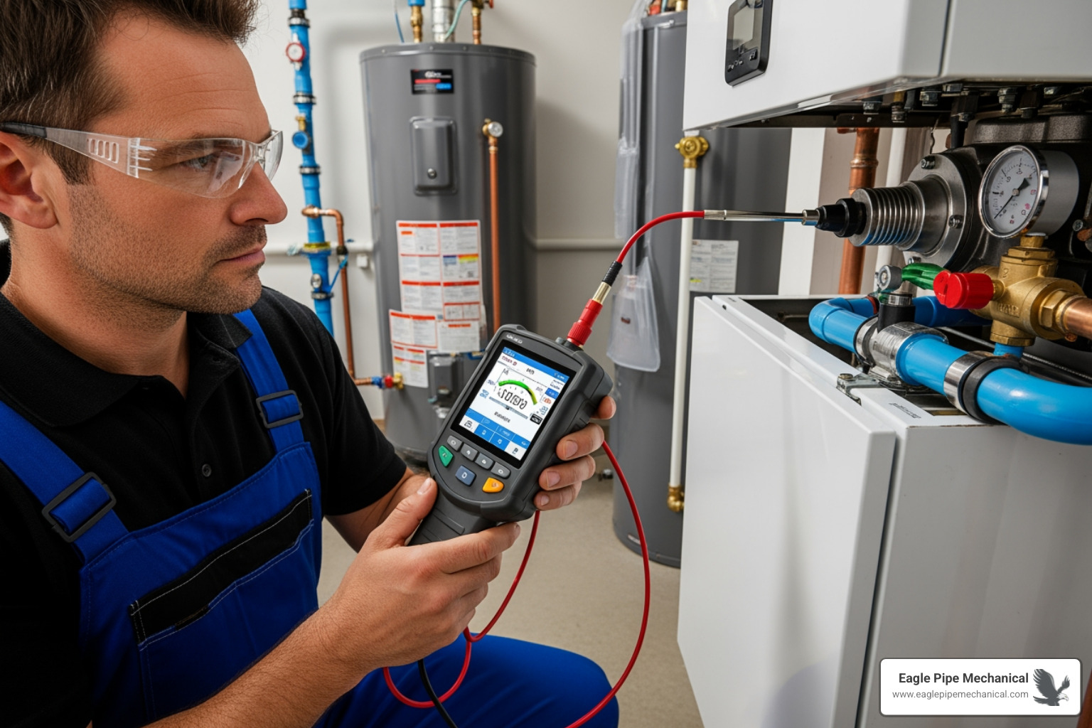 technician performing a combustion analysis on a boiler - boiler maintenance kitsap county